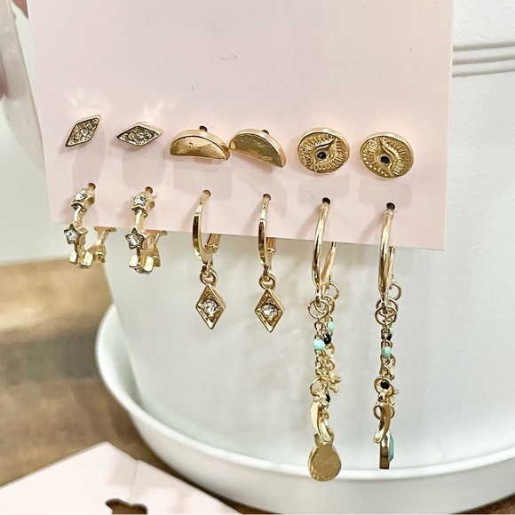 NWT Gold double layered evil eye necklace, ring set, and moon star earrings - Picture 7 of 8